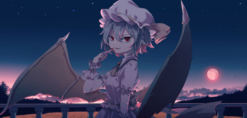 1girl ascot bat_wings blood blood_on_face blue_hair bow brooch commentary_request dress fang fingernails frilled_sleeves frills hair_between_eyes hat hat_ribbon highres jewelry looking_at_viewer mob_cap moon night night_sky noumin_joemanyodw outdoors puffy_short_sleeves puffy_sleeves railing red_eyes remilia_scarlet ribbon ribbon_trim scenery sharp_fingernails short_hair short_sleeves sky solo star_(sky) touhou tree wings wrist_cuffs