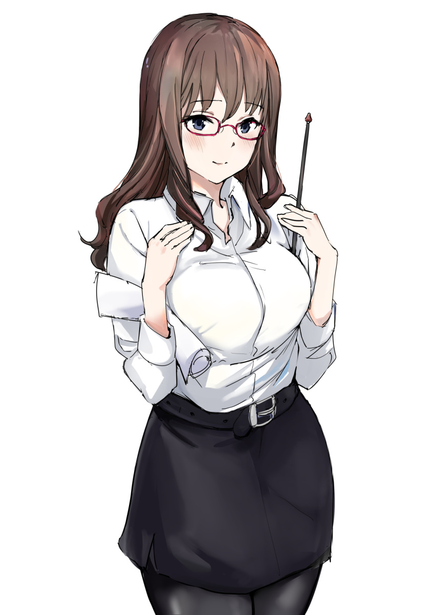 1girl belt blue_eyes blush breasts brown_hair eyebrows_visible_through_hair glasses highres large_breasts looking_at_viewer original pencil_skirt saltan00 shirt simple_background skirt smile solo teacher white_background white_shirt