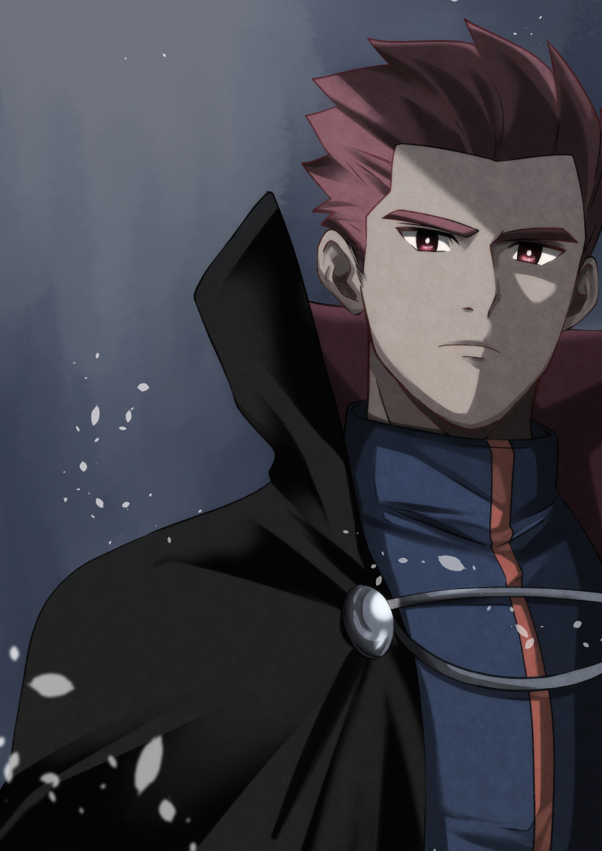 1boy absurdres black_cloak bright_pupils cloak closed_mouth commentary_request frown grey_jacket highres jacket lance_(pokemon) looking_at_viewer male_focus matsukaze_mattya pokemon pokemon_(game) pokemon_hgss popped_collar red_eyes redhead short_hair solo spiky_hair upper_body white_pupils