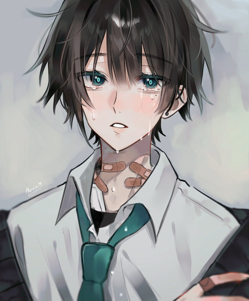 1boy a20190422 artist_name bandaid bangs black_hair black_sweater blunt_bangs collared_shirt crying crying_with_eyes_open eyebrows_visible_through_hair green_eyes green_neckwear hair_between_eyes highres light_blush looking_at_viewer necktie open_clothes original school_uniform shirt short_hair signature simple_background solo sweater tears white_shirt