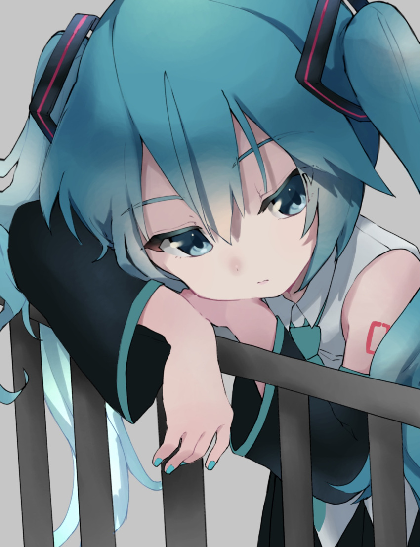 1girl akkai_(0343) aqua_eyes aqua_hair aqua_nails aqua_neckwear bare_shoulders bent_over black_skirt black_sleeves bored commentary detached_sleeves expressionless grey_background grey_shirt hair_ornament half-closed_eyes hand_on_own_arm handrail hatsune_miku head_rest highres long_hair looking_to_the_side nail_polish necktie shirt shoulder_tattoo skirt sleeveless sleeveless_shirt solo standing tattoo twintails very_long_hair vocaloid