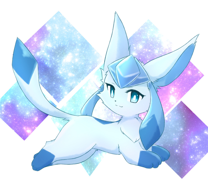 :3 animal_focus bangs blue_eyes blue_hair bright_pupils closed_mouth commentary diamond_(symbol) english_commentary from_side full_body glaceon happy highres kryztar long_hair looking_at_viewer lying no_humans on_stomach pokemon pokemon_(creature) smile solo split_mouth twintails white_pupils