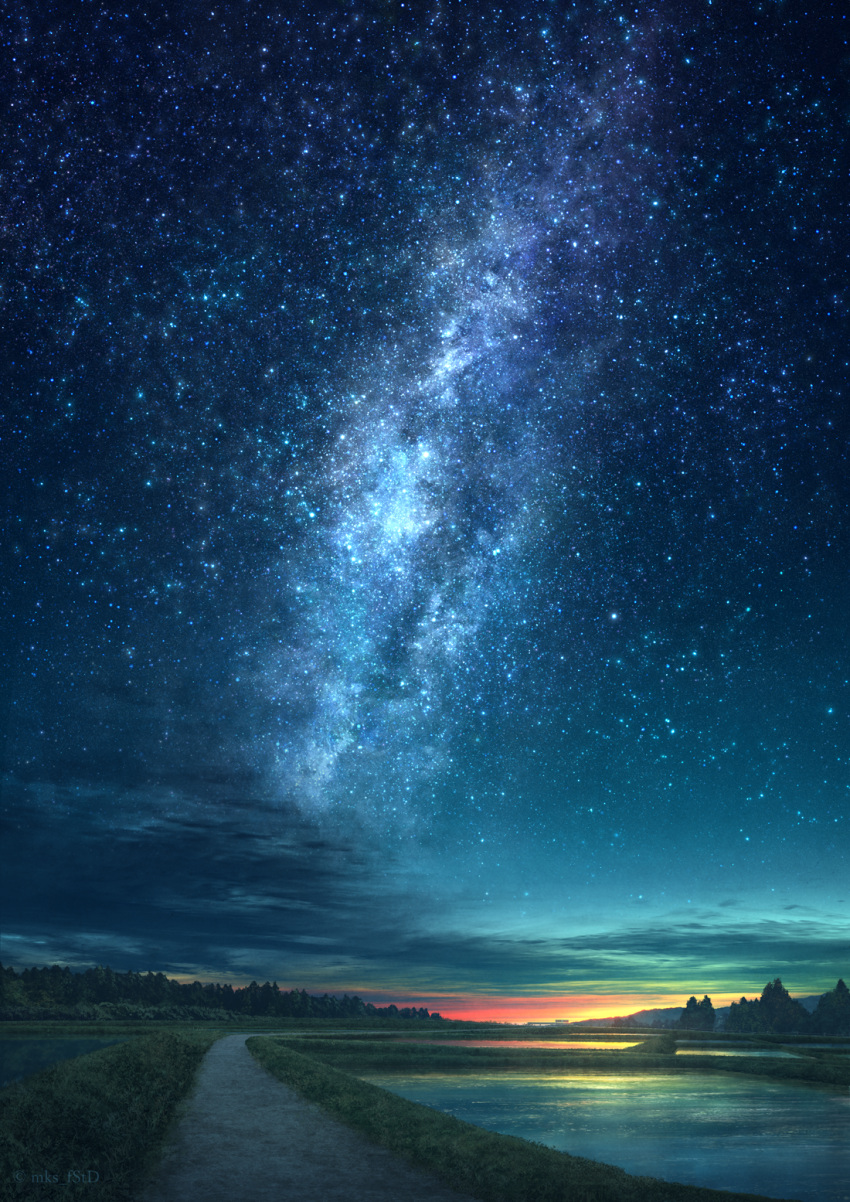 clouds commentary galaxy gradient_sky grass highres landscape mks mountainous_horizon night night_sky no_humans orange_sky original outdoors reflection rice_paddy road rural scenery sky star_(sky) starry_sky sunrise tree water yellow_sky