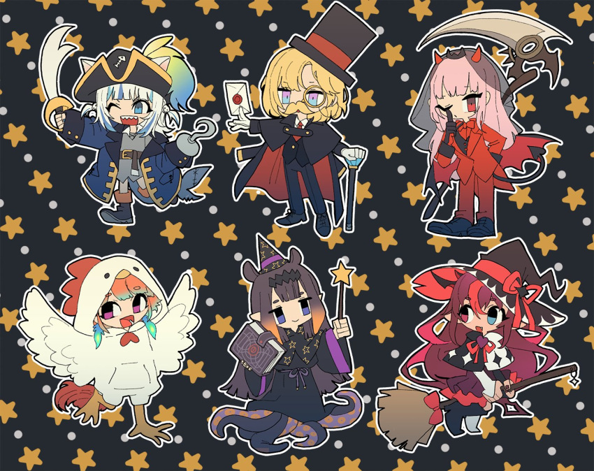 6+girls :d animal_ears ao-chan_(ninomae_ina'nis) aqua_hair asymmetrical_footwear bangs black_cape black_capelet black_footwear black_hair black_headwear black_pants black_robe black_vest blonde_hair blue_hair book boots bow bowtie broom broom_riding cane cape capelet cat_ears chicken_costume crown demon_tail earrings fake_facial_hair fake_mustache feather_earrings feathers fish_tail gawr_gura gloves gradient_hair halloween_costume hat high_heel_boots high_heels holding holding_book holding_broom holding_cane holding_letter holding_scythe holding_wand hololive hololive_english horns irys_(hololive) jewelry letter long_hair mismatched_footwear monocle mori_calliope multicolored_hair multiple_girls ninomae_ina'nis one_eye_closed open_mouth orange_hair pants pink_hair pirate_costume pirate_hat quasarcake red_neckwear red_pants red_suit redhead robe scythe shark_tail sharp_teeth short_hair sidelocks smile sparkle_print star_(symbol) star_print streaked_hair tail takanashi_kiara teeth tentacle_hair tentacles top_hat two-tone_cape veil vest virtual_youtuber wand watson_amelia white_capelet white_footwear white_gloves white_hair witch_hat wizard_hat