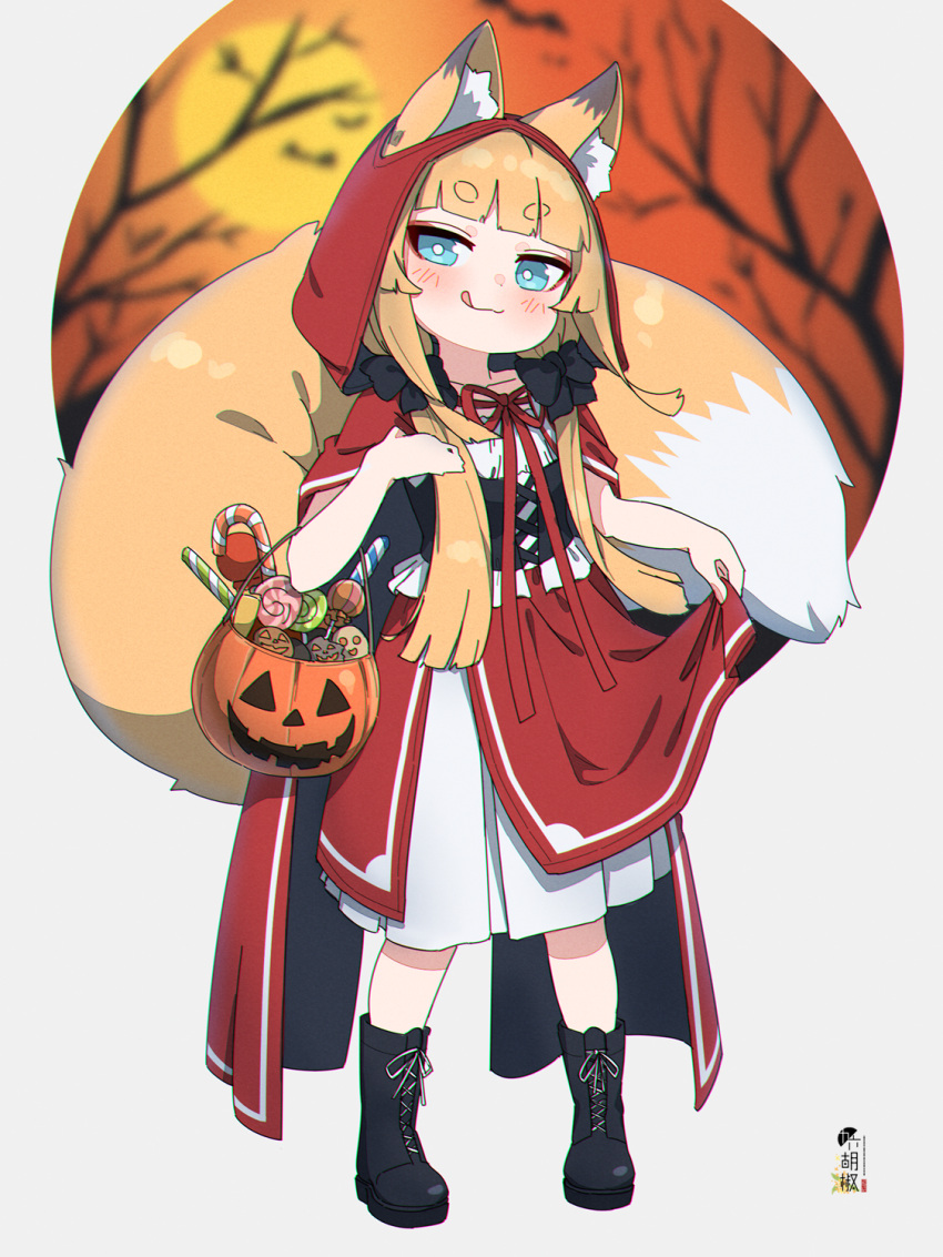 1girl animal_ear_fluff animal_ears bangs black_bow black_footwear blue_eyes blunt_bangs boots bow brown_hair candy candy_cane cape closed_mouth commentary commission cross-laced_footwear dress eyebrows_visible_through_hair food fox_ears fox_girl fox_tail full_body hair_bow halloween halloween_bucket highres hood hood_up hooded_cape kuro_kosyou lace-up_boots licking_lips lollipop long_hair looking_at_viewer low_twintails original pleated_dress red_cape red_skirt short_eyebrows skeb_commission skirt smile solo standing swirl_lollipop tail thick_eyebrows tongue tongue_out twintails very_long_hair white_dress