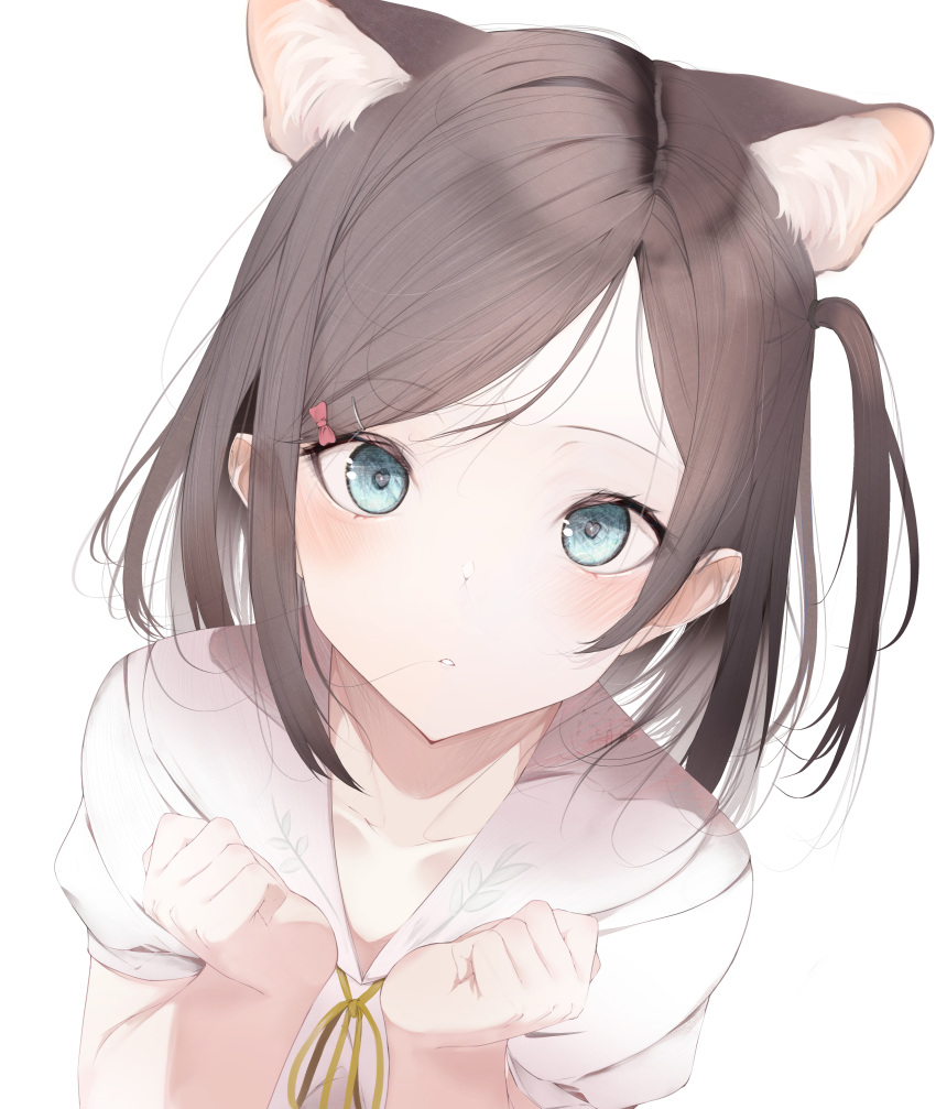 1girl absurdres animal_ear_fluff animal_ears bangs blue_eyes blush brown_hair cat_ears collarbone commentary_request expressionless extra_ears eyebrows_visible_through_hair hands_up heart heart-shaped_pupils hentai_ouji_to_warawanai_neko. highres hito_komoru_(style) kisaragi_yaya long_hair looking_at_viewer one_side_up parted_bangs parted_lips puffy_short_sleeves puffy_sleeves shirt short_sleeves simple_background solo symbol-shaped_pupils tsutsukakushi_tsukiko white_background white_shirt