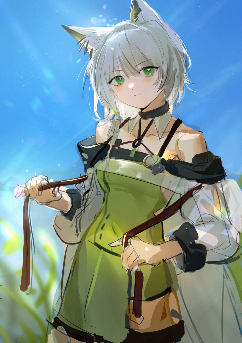 1girl absurdres ajune9 animal_ear_fluff animal_ears arknights black_choker blue_sky blurry bokeh cat_ears cat_girl chinese_commentary choker closed_mouth collarbone depth_of_field expressionless eyebrows_visible_through_hair frown green_eyes hair_between_eyes highres kal'tsit_(arknights) looking_at_viewer o-ring sky solo unfinished white_hair wide_sleeves