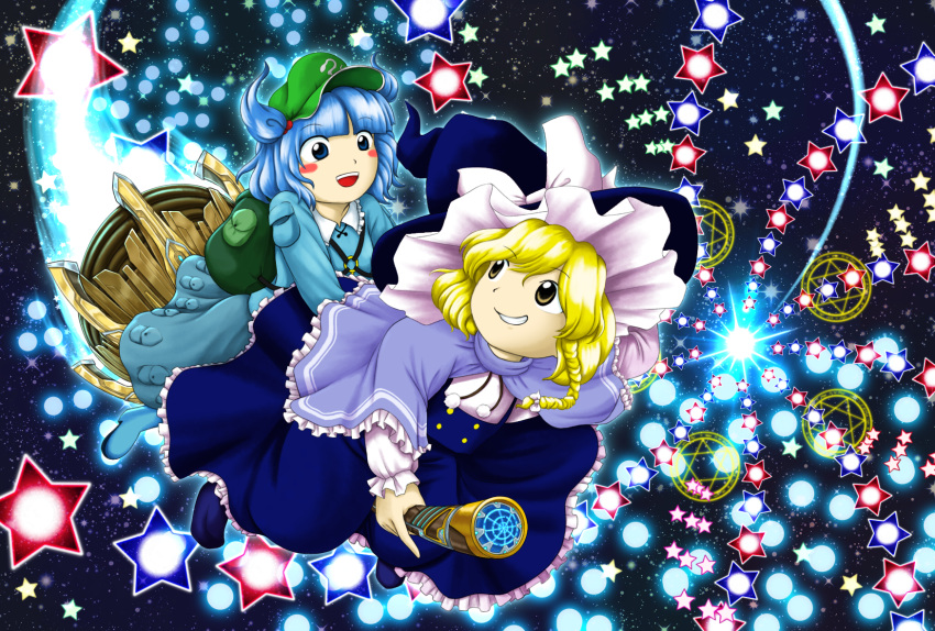 2girls backpack bag bangs blonde_hair blue_capelet blue_dress blue_eyes blue_footwear blue_hair blue_headwear blue_shirt blue_skirt blush_stickers boots bow broom broom_riding capelet collared_shirt commentary_request danmaku dress flat_cap frilled_capelet frilled_dress frilled_shirt_collar frills full_body green_headwear grin hair_bobbles hair_bow hair_ornament hat hat_bow hexagram highres kawashiro_nitori key kirisame_marisa long_hair long_sleeves looking_at_another medium_hair multiple_girls open_mouth parasite_oyatsu parody rubber_boots shirt shoes skirt sky smile star_(sky) star_(symbol) starry_sky style_parody touhou two_side_up white_bow white_shirt witch_hat yellow_eyes zun_(style)