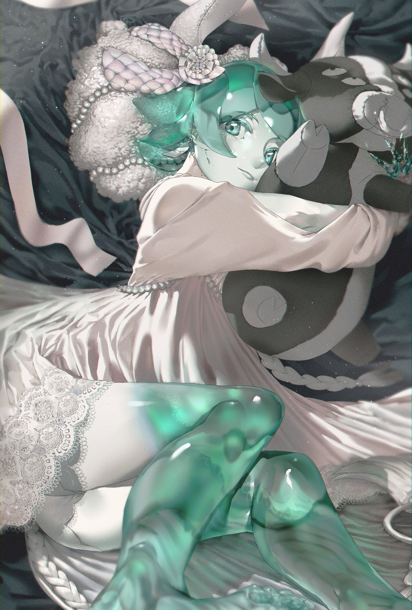 1other androgynous aqua_eyes aqua_hair bangs bed_sheet closed_mouth colored_eyelashes colored_skin commentary_request cow cracked_skin crystal_hair dress green_eyes green_hair gyakumushi highres houseki_no_kuni lace-trimmed_dress lace_trim light_particles long_sleeves looking_at_viewer lying on_side phosphophyllite shiny shiny_skin short_hair smile solo stuffed_animal stuffed_toy white_dress