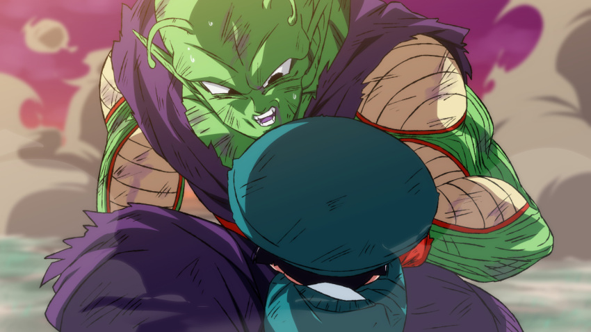 1boy 1girl antennae battle_damage black_eyes black_hair blood colored_skin dragon_ball dragon_ball_super dragon_ball_super_super_hero green_skin hat open_mouth pan_(dragon_ball) piccolo pointy_ears purple_blood rom_(20) torn_clothes