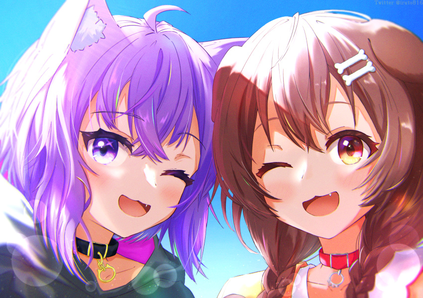 2girls :3 ;d absurdres animal_collar animal_ear_fluff animal_ears braid brown_eyes brown_hair cat_ears cat_girl collar dog_ears dog_girl face fang hair_between_eyes heads_together highres hololive inugami_korone iruto lens_flare looking_at_viewer low_twin_braids multiple_girls nekomata_okayu one_eye_closed open_mouth purple_hair smile symmetry twin_braids upper_body violet_eyes virtual_youtuber