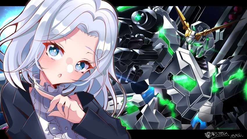 1girl :o absurdres aiming bangs black_jacket blue_eyes blush collared_shirt commission frilled_shirt frills full_armor_unicorn_gundam glowing glowing_eye green_eyes grey_shirt gun gundam gundam_unicorn highres holding holding_gun holding_weapon indie_virtual_youtuber jacket looking_at_viewer looking_to_the_side mecha missile_pod mobile_suit nt-d otomi_shia papa-kun_(destiny549-2) parted_bangs pointing_to_the_side science_fiction shirt silver_hair skeb_commission sleeveless sleeveless_shirt unicorn_gundam v-fin virtual_youtuber weapon