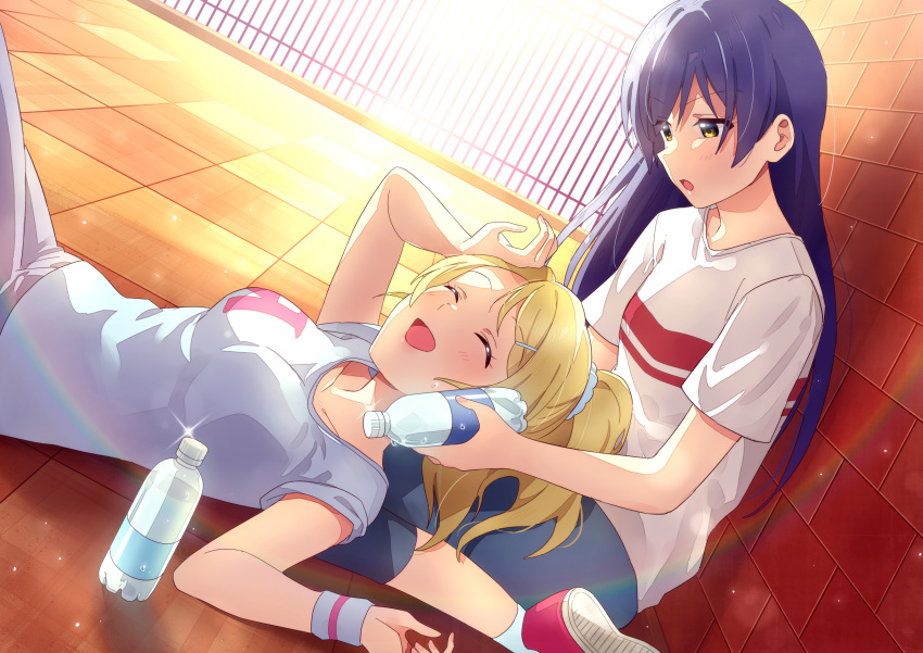 2girls absurdres ayase_eli bangs blonde_hair blue_hair blush bottle bottle_to_cheek closed_eyes commentary highres holding holding_bottle lap_pillow long_hair looking_at_another love_live! love_live!_school_idol_project lying multiple_girls nanatsu_no_umi open_mouth outdoors sitting smile sonoda_umi sportswear swept_bangs wariza water_bottle yellow_eyes yuri