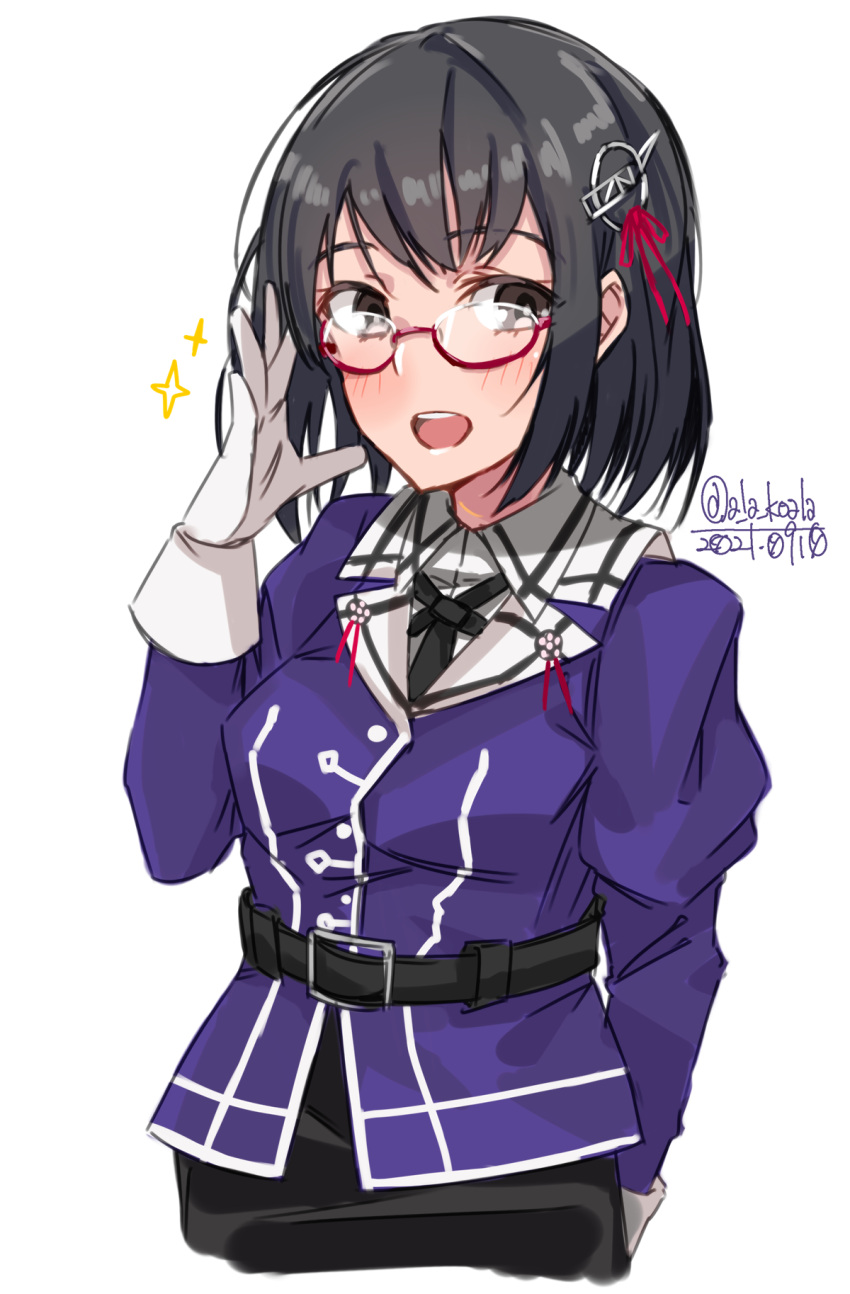 1girl alakoala belt belt_buckle black_belt black_eyes black_hair black_skirt blush buckle dated eyebrows_visible_through_hair glasses gloves haguro_(kancolle) highres jacket juliet_sleeves kantai_collection long_sleeves military military_uniform pencil_skirt puffy_sleeves purple_jacket red-framed_eyewear remodel_(kantai_collection) semi-rimless_eyewear short_hair simple_background skirt solo twitter_username uniform white_background white_gloves