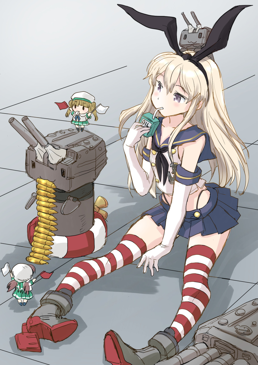 3girls ammunition ammunition_belt anchor_hair_ornament belt_feed black_hairband black_neckwear black_panties blonde_hair blue_sailor_collar blue_skirt crop_top drinking_straw elbow_gloves fairy_(kancolle) fuji_(pixiv24804665) gloves grey_eyes hair_ornament hairband highleg highleg_panties highres juice_box kantai_collection long_hair microskirt minigirl miniskirt multiple_girls neckerchief panties pleated_skirt rensouhou-chan sailor_collar shell_casing shimakaze_(kancolle) skirt striped striped_legwear thigh-highs torpedo_launcher underwear white_gloves