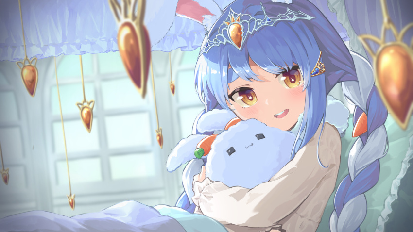 1girl :d =_= animal_ear_fluff animal_ears blue_hair blurry blurry_background braid brown_eyes bunny-shaped_pupils closed_eyes commentary_request depth_of_field don-chan_(usada_pekora) eyebrows_behind_hair frilled_pillow frills highres hololive hug indoors long_sleeves looking_at_viewer low_twintails multicolored_hair nano_(mianhua_maoqiu) nousagi_(usada_pekora) open_mouth pillow rabbit_ears shirt short_eyebrows smile thick_eyebrows tiara twin_braids twintails two-tone_hair under_covers usada_pekora virtual_youtuber white_hair white_shirt