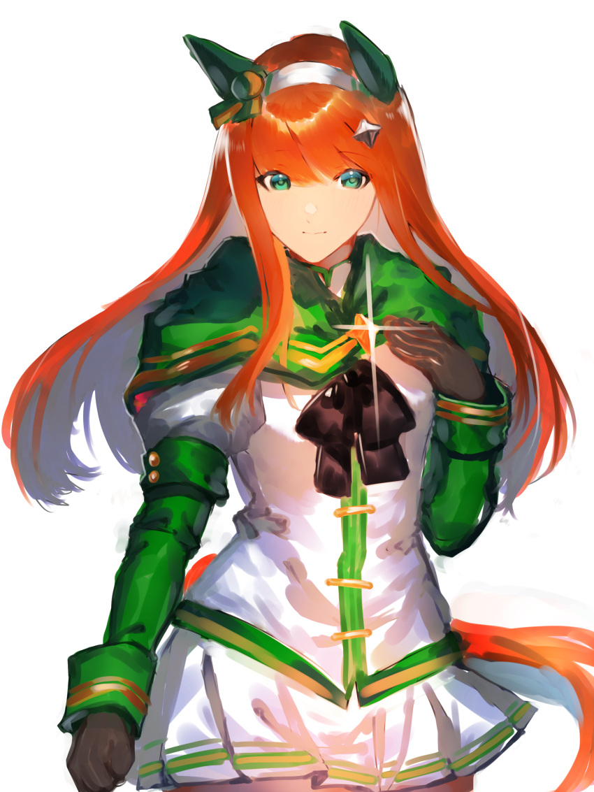 1girl absurdres animal_ears bangs black_gloves black_legwear closed_mouth ear_covers gloves green_eyes hair_ornament hairband hand_on_own_chest highres horse_ears horse_girl horse_tail jacket konboutarou long_hair orange_hair pantyhose pleated_skirt silence_suzuka_(umamusume) simple_background skirt solo sparkle tail umamusume white_background white_hairband white_skirt