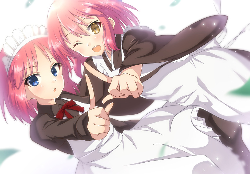 2girls apron bangs blue_eyes blush bow bowtie brown_dress brown_kimono commentary_request dress eyebrows_visible_through_hair hair_between_eyes highres hisui_(tsukihime) index_finger_raised itsuka_neru japanese_clothes juliet_sleeves kimono kohaku_(tsukihime) long_sleeves looking_at_viewer maid maid_apron maid_headdress melty_blood melty_blood:_type_lumina multiple_girls one_eye_closed open_mouth puffy_sleeves red_bow red_neckwear redhead short_hair siblings sisters smile teeth tongue tsukihime tsukihime_(remake) twins upper_teeth wa_maid white_apron wide_sleeves yellow_eyes