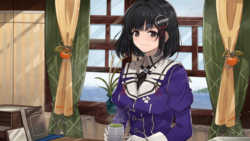 1girl absurdres bangs black_eyes black_hair blush book breasts closed_mouth commission cup curtains day desk gloves green_tea haguro_(kancolle) hair_ornament highres holding holding_cup indoors kanmiya_shinobu kantai_collection long_sleeves looking_at_viewer medium_breasts military military_uniform remodel_(kantai_collection) short_hair skeb_commission solo tea uniform upper_body vase white_gloves window yunomi