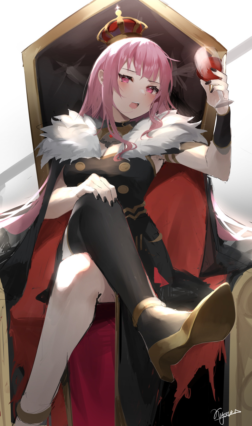 1girl absurdres alcohol asymmetrical_legwear black_nails cape crown cup dress drinking_glass fur-trimmed_cape fur_trim highres holding holding_cup hololive kyoro_ina long_hair mori_calliope pink_eyes pink_hair solo throne two-tone_cape virtual_youtuber wine wine_glass