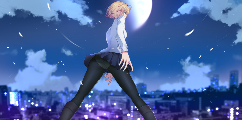 1girl absurdres ahoge arcueid_brunestud black_legwear clouds from_below highres isetnation melty_blood moon moonlight night panties panties_under_pantyhose pantyhose self_upload short_hair skirt sky sweater tsukihime tsukihime_(remake) underwear