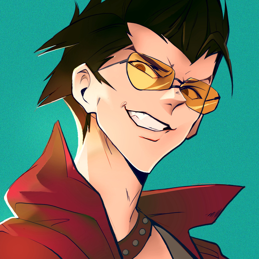 1boy absurdres aviator_sunglasses black_hair collared_jacket commentary english_commentary face glasses highres jacket looking_at_viewer male_focus nem_graphics no_more_heroes portrait simple_background smile solo spiky_hair sunglasses travis_strikes_back:_no_more_heroes travis_touchdown