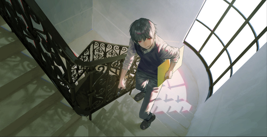 1boy black_footwear black_hair black_vest brown_pants canvas_(object) commentary from_above full_body highres holding holding_paintbrush indoors ishida_(segu_ishida) long_pants long_sleeves looking_at_viewer looking_up male_focus original paintbrush pants railing red_eyes shirt short_hair sleeves_rolled_up spiral_staircase stairs symbol-only_commentary vest white_shirt window
