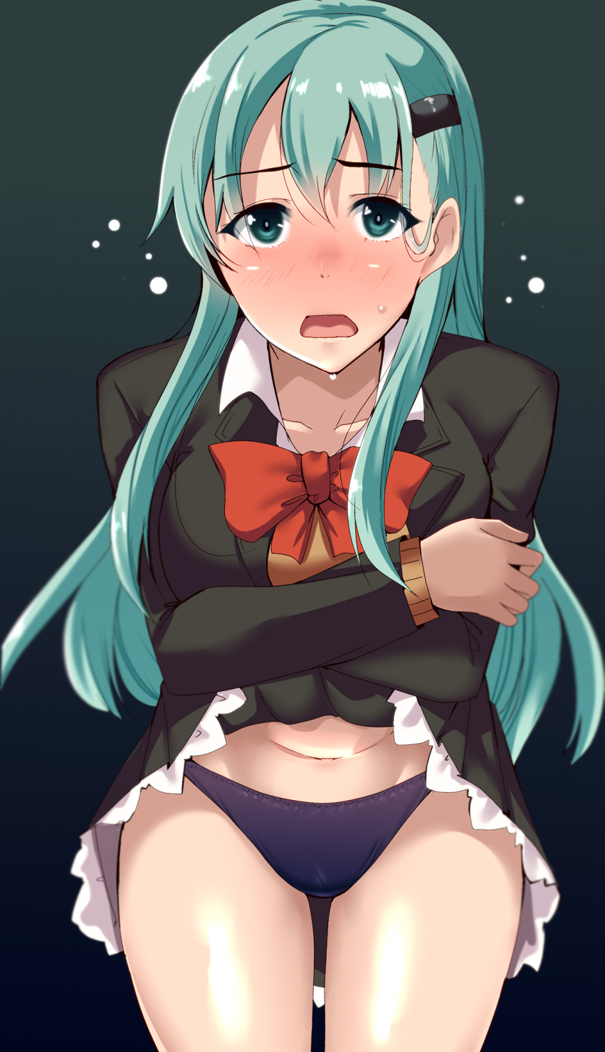 1girl aqua_hair bangs black_background blazer blue_eyes blush breasts chirashi_(so) clothes_lift eyebrows_visible_through_hair frilled_skirt frills hair_ornament hairclip highres jacket kantai_collection lifted_by_self long_hair looking_at_viewer navel nose_blush open_mouth panties purple_panties red_neckwear simple_background skirt skirt_lift solo suzuya_(kancolle) sweat underwear