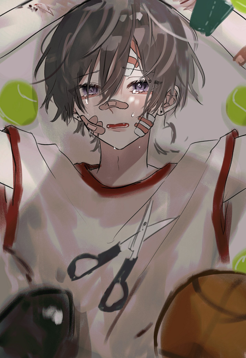 1boy a20190422 ball bandaid bandaid_on_cheek bandaid_on_face bandaid_on_nose bound bound_wrists brown_hair crying cutting_hair hair_between_eyes highres open_mouth original scared scissors short_hair short_sleeves solo violet_eyes