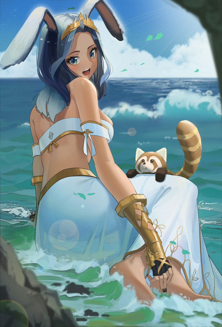 1girl :d animal bangs bare_shoulders barefoot black_gloves black_hair black_nails commentary_request day final_fantasy final_fantasy_xiv fingerless_gloves forehead gloves green_eyes highres horizon looking_at_viewer looking_back mobu_(wddtfy61) nail_polish ocean open_mouth outdoors parted_bangs raccoon shallow_water skirt smile soles solo tiara viera water waves white_skirt