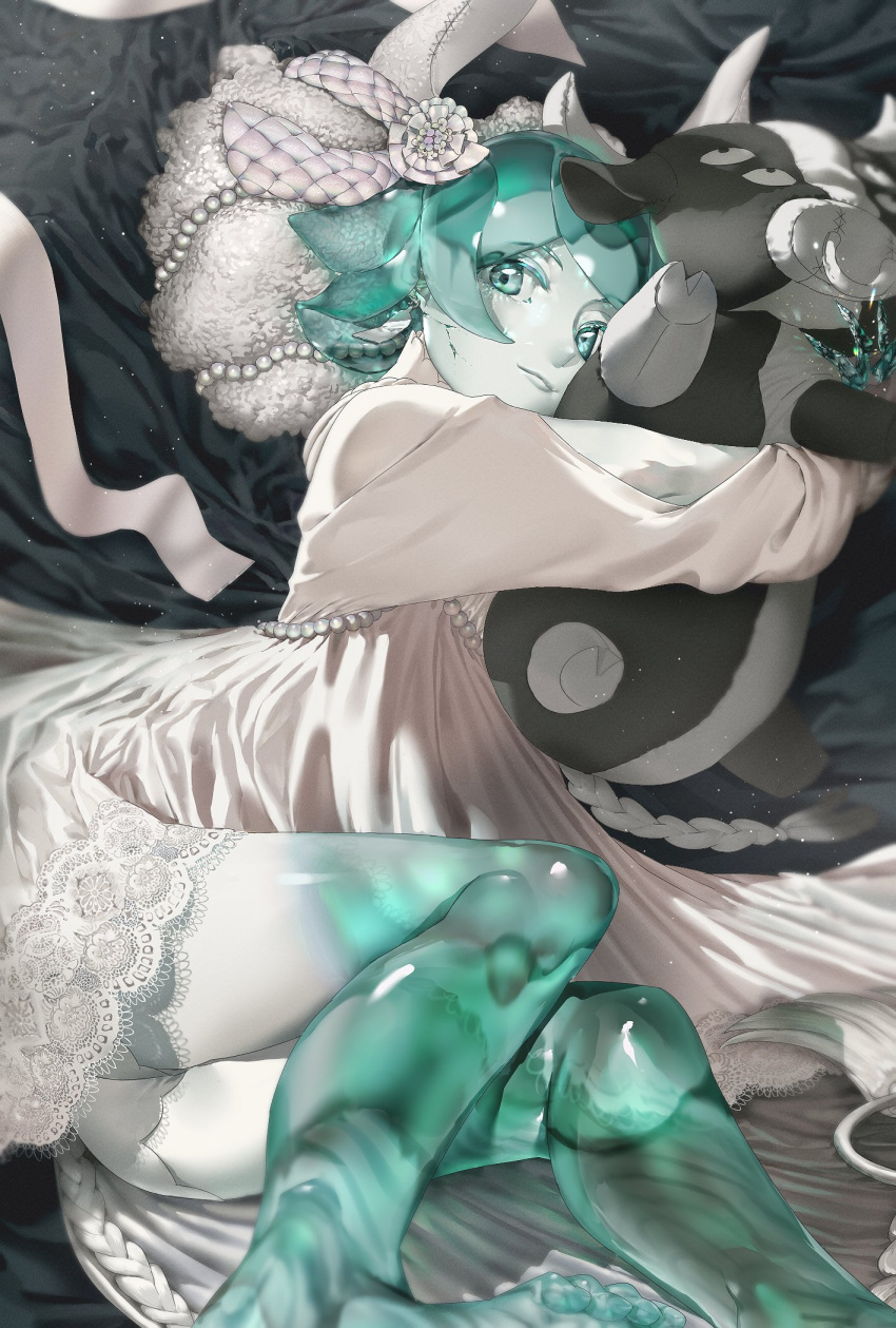 1other androgynous aqua_eyes aqua_hair bangs bed_sheet closed_mouth colored_eyelashes colored_skin commentary_request cow cracked_skin crystal_hair dress green_eyes green_hair gyakumushi highres houseki_no_kuni lace-trimmed_dress lace_trim light_particles long_sleeves looking_at_viewer lying on_side phosphophyllite shiny shiny_skin short_hair smile solo stuffed_animal stuffed_toy white_dress