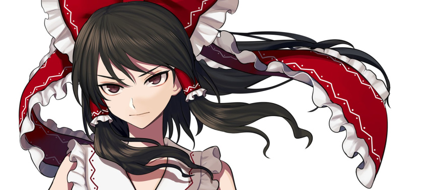 1girl bangs banned_artist bare_shoulders black_hair bow brown_eyes closed_mouth collar eyebrows_visible_through_hair hair_between_eyes hair_ornament hair_tubes hakurei_reimu harano highres looking_at_viewer looking_away red_bow short_hair simple_background sleeveless solo upper_body white_background