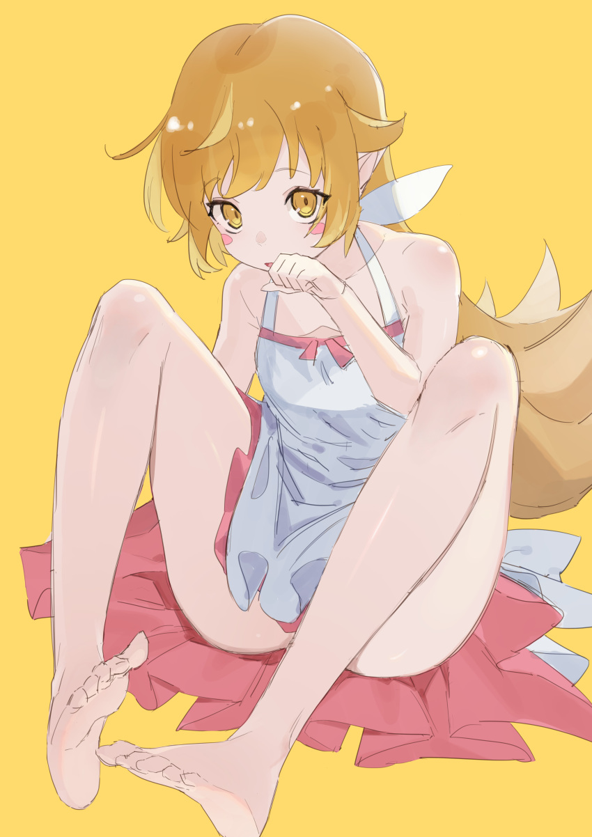 1girl absurdres an_skill ass bangs bare_shoulders barefoot blonde_hair blush_stickers collarbone commentary curled_fingers dress feet full_body hand_to_own_mouth highres knees_up legs long_hair looking_at_viewer monogatari_(series) on_ground oshino_shinobu parted_lips pink_dress raised_eyebrows simple_background sitting sleeveless sleeveless_dress soles solo sundress toes two-tone_dress upturned_eyes very_long_hair white_dress yellow_background yellow_eyes