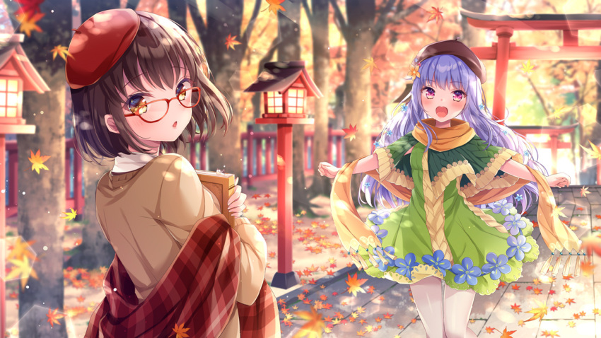 2girls :d autumn_leaves bangs beret blurry blurry_background blush book brown_headwear brown_scarf brown_sweater capelet character_request collared_shirt commentary_request day depth_of_field dress eyebrows_visible_through_hair glasses green_capelet green_dress hat leaf long_hair looking_at_viewer looking_back low_twintails mahjong_soul maple_leaf multiple_girls nemuri_nemu object_hug open_mouth outdoors pantyhose parted_lips plaid purple_hair red-framed_eyewear red_headwear scarf shawl shirt smile sweater torii tree twintails very_long_hair violet_eyes white_legwear white_shirt