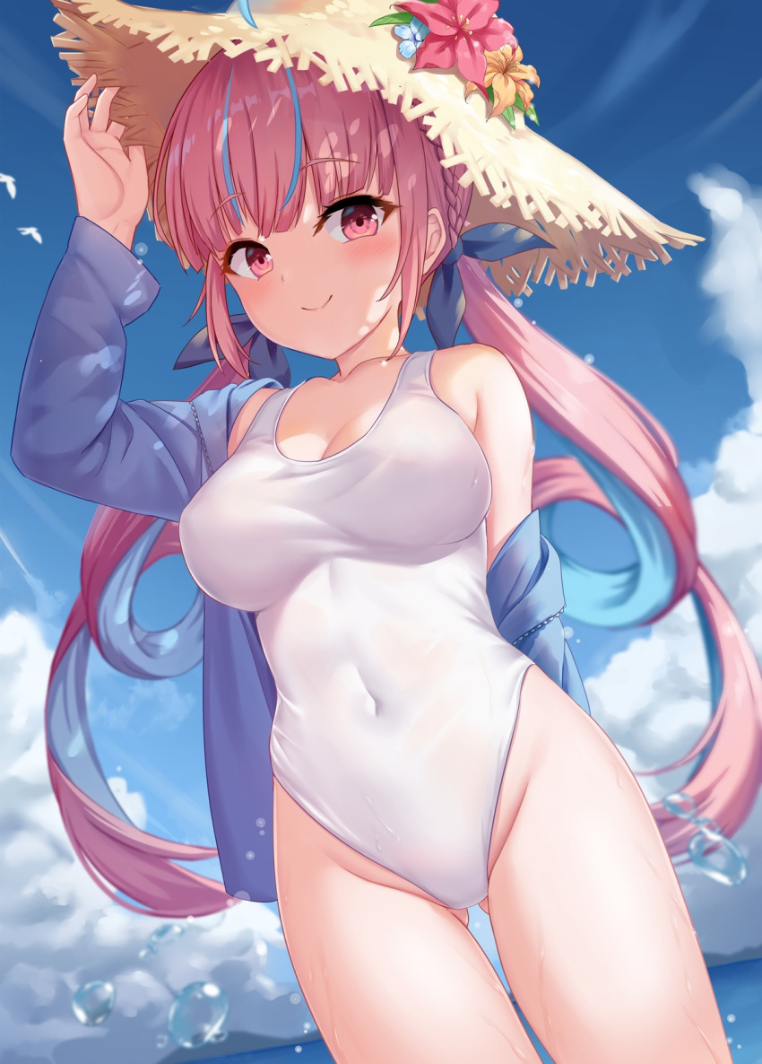 1girl air_bubble ass_visible_through_thighs bangs bare_shoulders blue_sky blunt_bangs blush bow breasts bubble closed_mouth clouds collarbone covered_navel cowboy_shot day drill_hair eyebrows_visible_through_hair flower hair_bow hand_up hat highres hololive jacket long_hair long_sleeves looking_at_viewer medium_breasts minato_aqua multicolored_hair navel off_shoulder one-piece_swimsuit open_clothes open_jacket outdoors pink_hair purple_jacket revision shimokirin sidelocks sky smile solo standing swimsuit thighs twintails two-tone_hair virtual_youtuber water wet white_swimsuit
