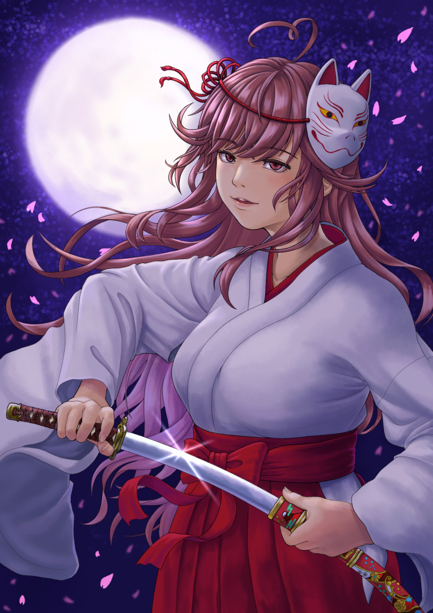 1girl ahoge bangs breasts brown_eyes brown_hair commentary_request cookie_(touhou) cowboy_shot drawing_sword eyebrows_visible_through_hair fox_mask full_moon hakama hakama_skirt heart_ahoge highres holding holding_sword holding_weapon indie_virtual_youtuber japanese_clothes kanna_(cookie) katana kimono long_hair mask mask_on_head medium_breasts miko moon parasite_oyatsu parted_lips petals red_skirt scabbard sheath skirt smile solo sword virtual_youtuber weapon white_kimono wide_sleeves