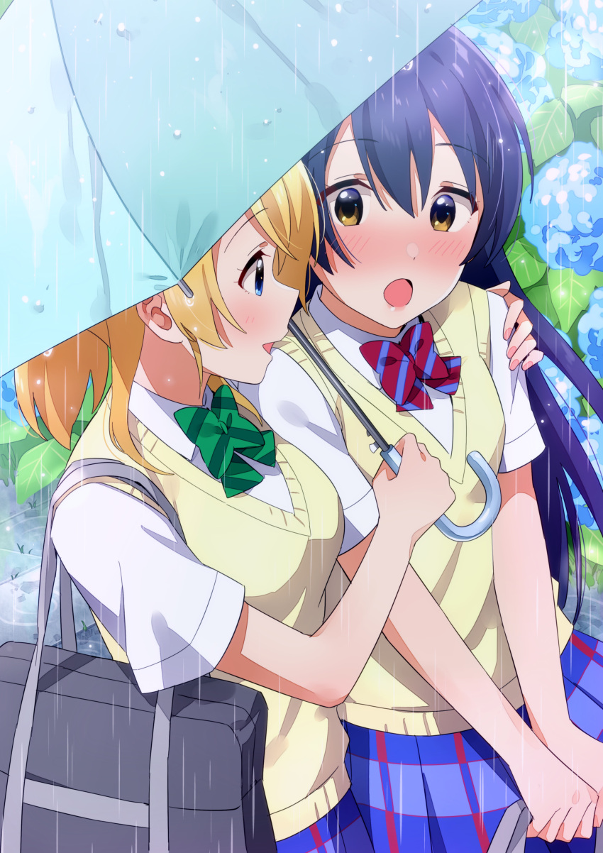 2girls absurdres arm_around_shoulder ayase_eli bangs blonde_hair blue_eyes blue_hair blush commentary_request green_neckwear hair_between_eyes hand_on_another's_shoulder highres holding holding_umbrella long_hair looking_at_another love_live! love_live!_school_idol_project multiple_girls nanatsu_no_umi open_mouth otonokizaka_school_uniform outdoors plaid plaid_skirt pleated_skirt ponytail rain red_neckwear school_uniform shared_umbrella shirt short_sleeves skirt smile sonoda_umi striped striped_neckwear summer_uniform sweater_vest swept_bangs umbrella white_shirt yellow_eyes yuri