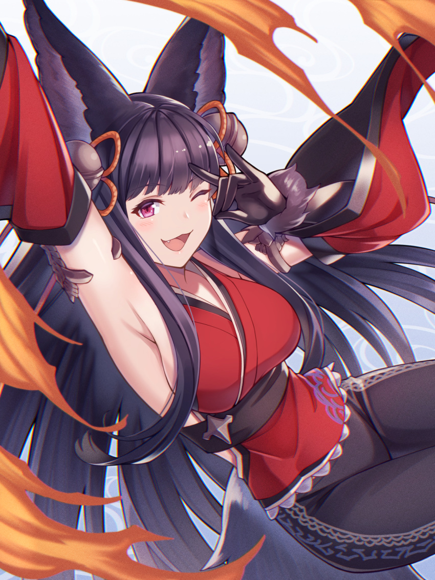 1girl animal_ears backless_outfit bell detached_sleeves erune fang fox_ears fox_shadow_puppet fox_tail fur fur_trim granblue_fantasy hair_bell hair_ornament highres japanese_clothes jingle_bell kimono red_eyes red_kimono solo tail umiboozu_(uminoyoukai) yuel_(granblue_fantasy)