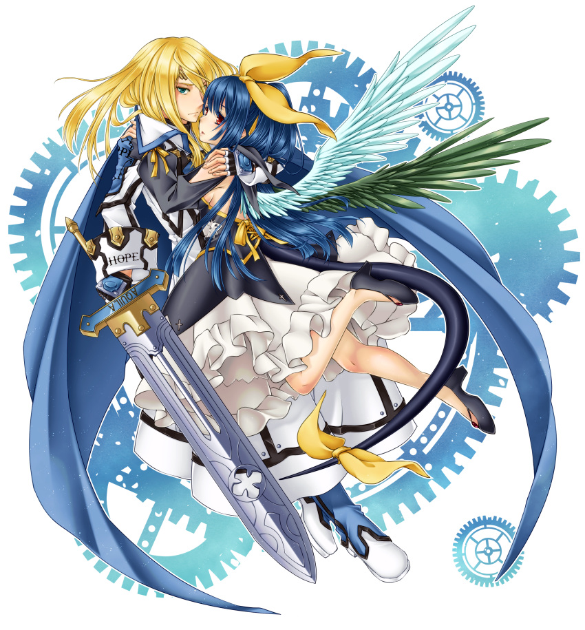 1boy 1girl absurdres angel_wings asymmetrical_wings black_dress blonde_hair blue_eyes blue_hair bow circlet couple cross detached_sleeves dizzy_(guilty_gear) dress english_text gears gem guilty_gear guilty_gear_2 hair_bow highres hug huge_weapon husband_and_wife ky_kiske long_hair orippa red_eyes simple_background sword tail tail_bow tail_ornament weapon white_background wings yellow_bow