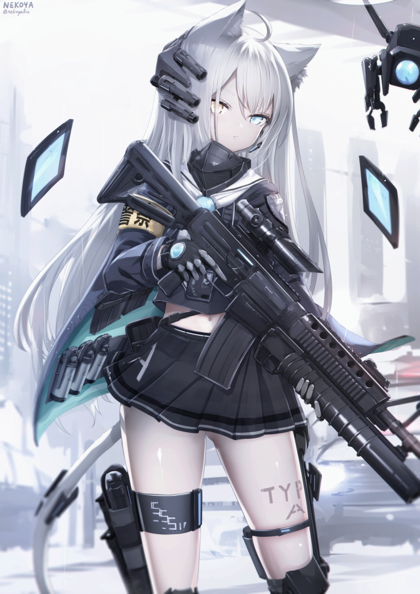 1girl artist_name black_gloves black_legwear black_shirt black_skirt blue_eyes closed_mouth commentary_request drone gloves gun heterochromia highres holding holding_gun holding_weapon kneehighs long_sleeves looking_at_viewer mask mouth_mask nekoya_(liu) original pleated_skirt shirt signature skirt solo standing twitter_username weapon weapon_request yellow_eyes