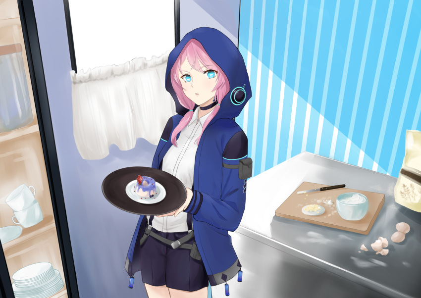 1girl arknights blue_jacket blue_poison_(arknights) blueberry cake commentary_request cup cutting_board dessert egg eggshell food fruit highres holding holding_plate hood hooded_jacket horizontal_pupils indoors jacket looking_at_viewer pink_hair plate shirt shorts solo twintails white_shirt