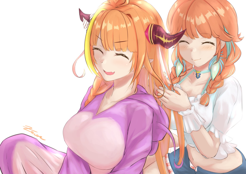 2girls absurdres ahoge artist_name bangs blonde_hair blue_choker blue_hair blue_shorts blush braid braiding_hair breasts choker closed_eyes closed_mouth crop_top eyebrows_visible_through_hair fang hair_intakes hair_over_shoulder hairdressing highres hololive hololive_english hood hood_down indian_style kiryu_coco large_breasts long_hair midriff multicolored_hair multiple_girls navel onesie open_mouth orange_hair pointy_ears puffy_short_sleeves puffy_sleeves short_sleeves shorts simple_background sitting skin_fang smile streaked_hair takanashi_kiara twin_braids very_long_hair virtual_youtuber white_background zeiss