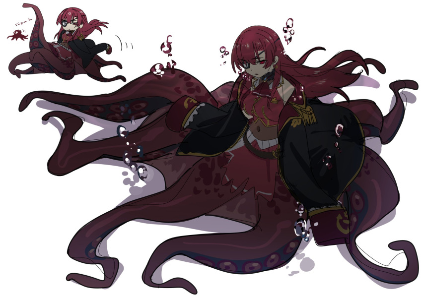 1girl black_choker black_coat black_eyepatch bubble choker coat cropped_jacket eyepatch gold_trim hair_ribbon highres hololive houshou_marine jacket long_hair monster_girl monsterification navel octopus off_shoulder pirate red_eyes red_jacket red_ribbon redhead ribbon scylla simple_background sleeveless sleeveless_jacket suction_cups tentacles virtual_youtuber yomosaka