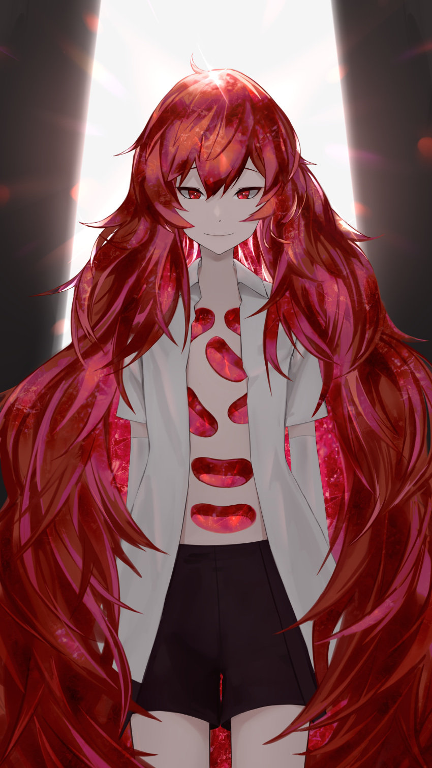 1other absurdres androgynous closed_mouth collared_shirt commentary crystal_hair english_commentary highres houseki_no_kuni long_hair looking_at_viewer open_clothes open_shirt padparadscha_(houseki_no_kuni) red_eyes redhead shirt short_sleeves shorts smile solo very_long_hair wavy_hair waytok white_shirt