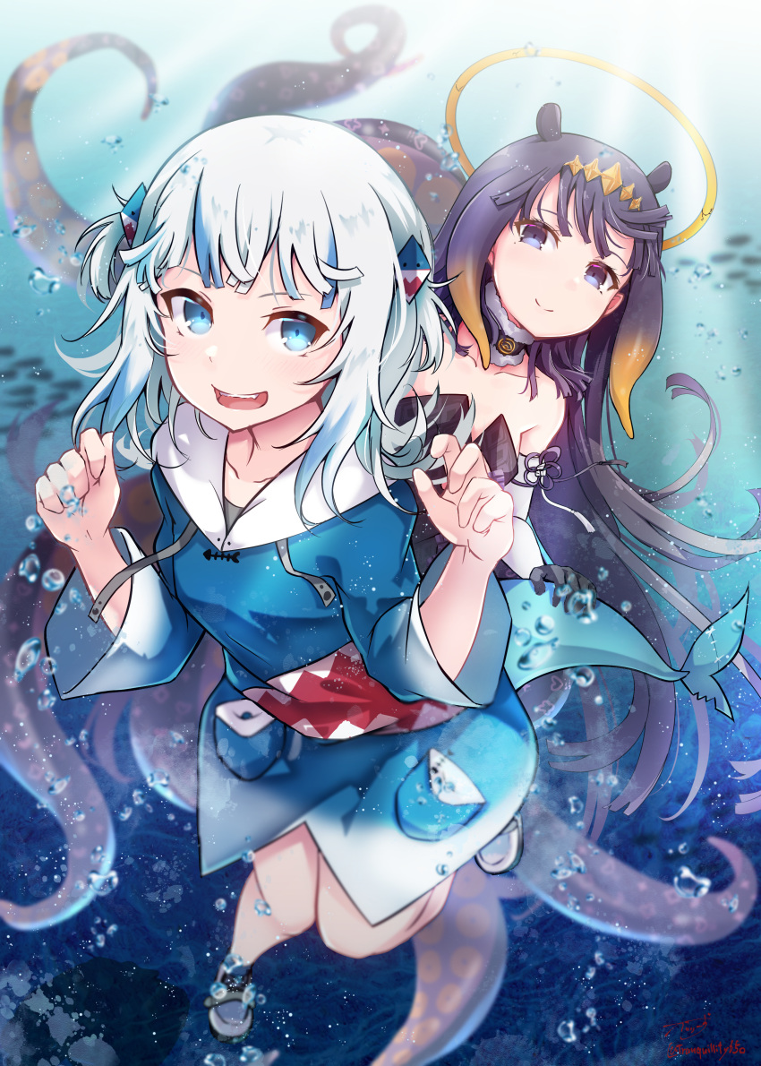 2girls absurdres animal_costume animal_hood baileys_(tranquillity650) bangs black_hair blue_eyes blue_hair blue_hoodie blunt_bangs blurry blush bubble commentary_request depth_of_field dress eyebrows_visible_through_hair fish_tail gawr_gura gradient_hair hair_ornament halo highres hololive hololive_english hood hoodie japanese_clothes kimono long_hair long_sleeves looking_at_viewer medium_hair mole mole_under_eye multicolored_hair multiple_girls ninomae_ina'nis open_mouth orange_hair personification purple_hair shark_costume shark_girl shark_hair_ornament shark_hood shark_print shark_tail sharp_teeth sidelocks silver_hair smile streaked_hair tail teeth tentacle_hair tentacles two_side_up underwater very_long_hair virtual_youtuber white_hair wide_sleeves