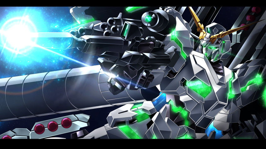 absurdres aiming commission full_armor_unicorn_gundam glowing glowing_eye green_eyes gun gundam gundam_unicorn highres holding holding_gun holding_weapon looking_to_the_side mecha missile_pod mobile_suit no_humans nt-d papa-kun_(destiny549-2) science_fiction skeb_commission solo unicorn_gundam v-fin weapon