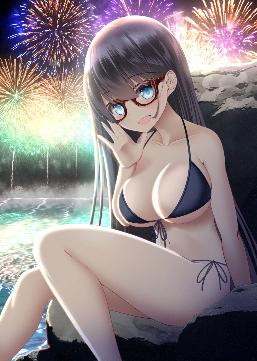 1girl adjusting_eyewear bangs bikini black_bikini black_hair blue_eyes breasts collarbone eyebrows_visible_through_hair fireworks front-tie_top glasses highres large_breasts long_hair navel nekobaka night night_sky open_mouth original reflection side-tie_bikini sitting sky solo swimsuit water