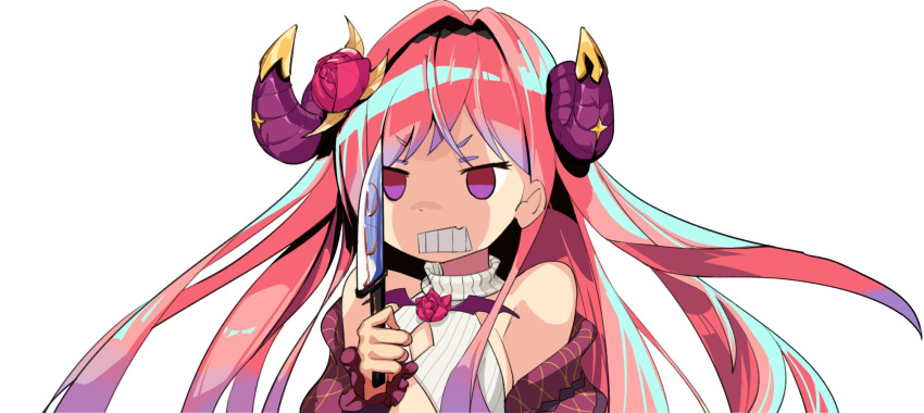 1girl angry bangs bat_wings beige_sweater blood blood_on_knife blood_writing clenched_teeth demon_girl demon_horns dohna_dohna eyebrows_visible_through_hair floating_hair flower frown furious glaring gradient_hair hair_flower hair_ornament highres holding holding_knife horns jacket knife kurari_rose long_hair multicolored_hair off-shoulder_sweater off_shoulder pink_hair purple_hair purple_jacket ribbed_sweater rose shaded_face solid_eyes solo sweater teeth turtleneck turtleneck_sweater violet_eyes wactor_production wings xiami333