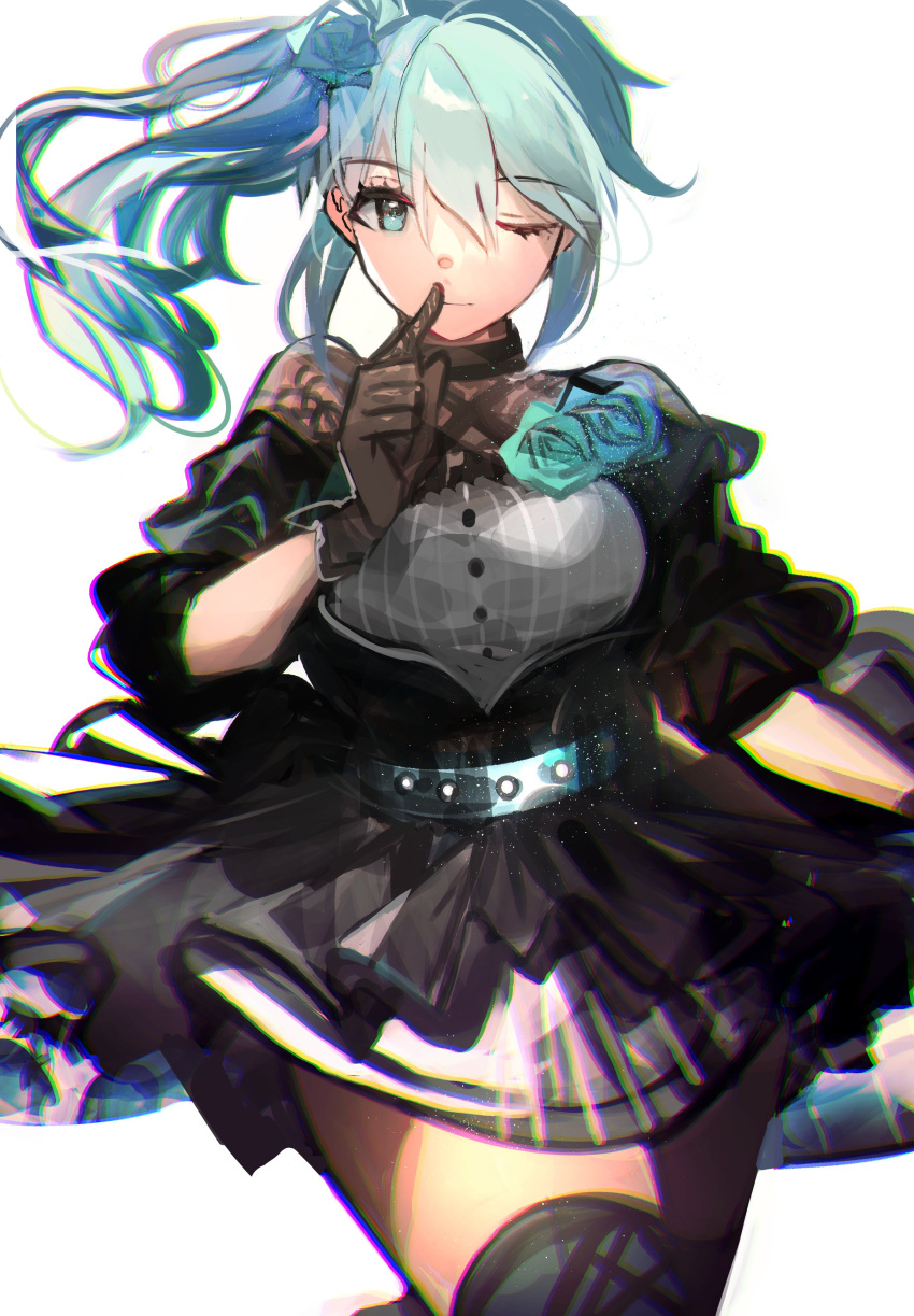 1girl absurdres bangs black_dress black_gloves black_legwear blue_eyes blue_flower blue_hair blue_rose breasts closed_mouth commentary dress eyebrows_visible_through_hair flower gloves hair_between_eyes hand_up highres index_finger_raised medium_breasts nijisanji one_eye_closed puffy_short_sleeves puffy_sleeves rose short_sleeves side_ponytail simple_background solo tarbo_(exxxpiation) thigh-highs virtual_youtuber white_background yukishiro_mahiro