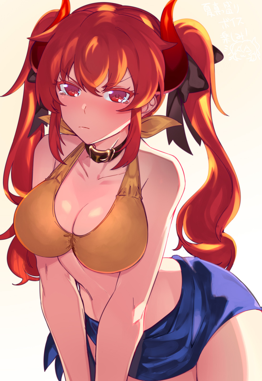 1girl alternate_hairstyle bangs bikini black_bow blue_sarong bow breasts brown_collar closed_mouth collar dola_(nijisanji) dragon_girl dragon_horns frown hair_bow halter_top halterneck hati105 highres horns large_breasts long_hair looking_at_viewer nijisanji red_eyes red_horns redhead sarong simple_background solo swimsuit tearing_up twintails v-shaped_eyebrows v_arms very_long_hair virtual_youtuber white_background yellow_bikini